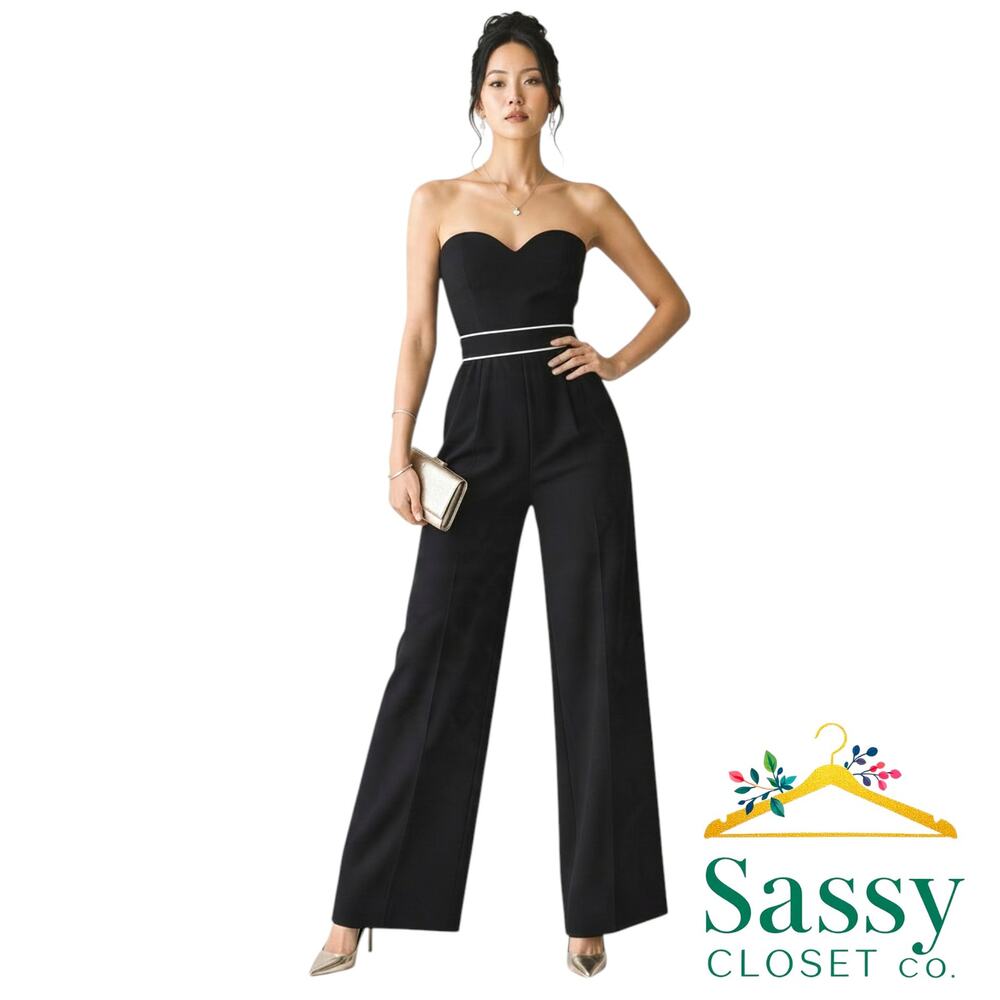 HM Black Strapless Wide Leg Jumpsuit 4 White Piping Belted Evening Pant Suit